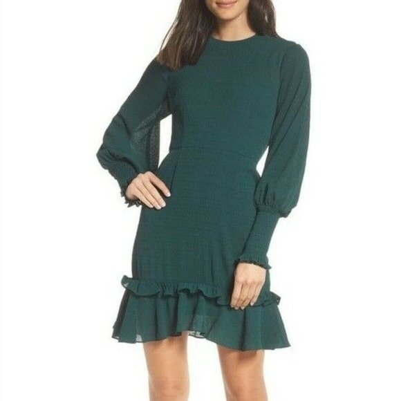 Chelsea 28 Dress Green Smocked Long Sleeve Ruffle Drop Waist Mini - Picture 1 of 12